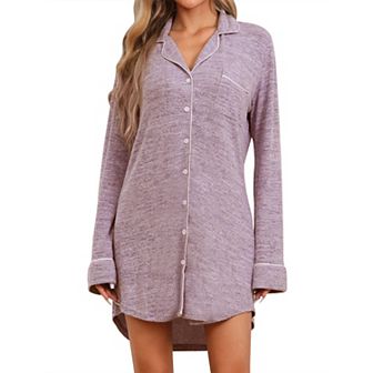 Womens Knit Nightgown Button Up Short Sleepwear V Neck Lapel Long Sleeves Nightshirt