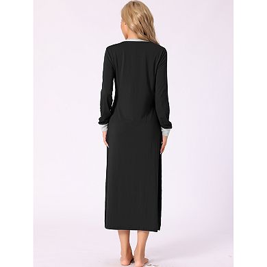 Night Dress for Women Long Sleeve V Neck Soft Sleep Dress with Pockets