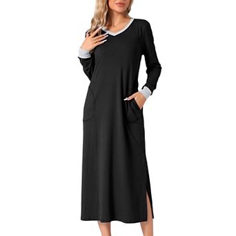 Night Dress for Women Long Sleeve V Neck Soft Sleep Dress with Pockets