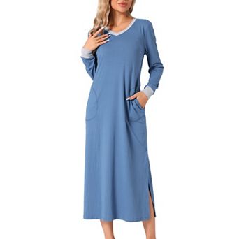 Night Dress for Women Long Sleeve V Neck Soft Sleep Dress with Pockets