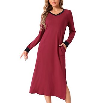 Night Dress for Women Long Sleeve V Neck Soft Sleep Dress with Pockets