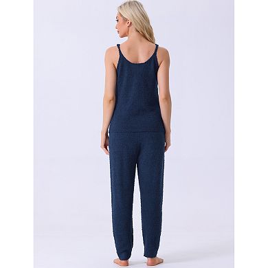 Womens Fluffy Fleece Pajama Set Sleeveless Cami Joggers Thick Plush Loungewear 2 Piece Sleepwear