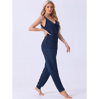 Womens Fluffy Fleece Pajama Set Sleeveless Cami Joggers Thick Plush Loungewear 2 Piece Sleepwear