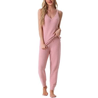 Womens Fluffy Fleece Pajama Set Sleeveless Cami Joggers Thick Plush Loungewear 2 pc Sleepwear