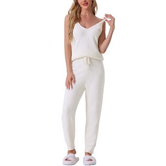 Womens Fluffy Fleece Pajama Set Sleeveless Cami Joggers Thick Plush Loungewear 2 pc Sleepwear