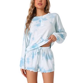 Women Lounge Pjs Long Sleeve Tops with Shorts Sleepwear Tie Dye Casual Nightwear Pajamas Set