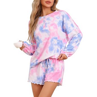 Women Lounge Pjs Long Sleeve Tops with Shorts Sleepwear Tie Dye Casual Nightwear Pajamas Set