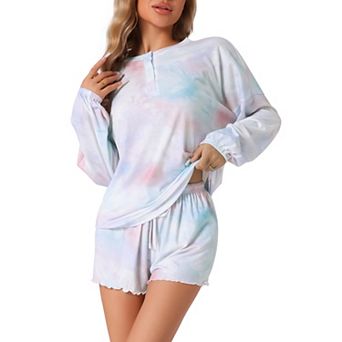 Women Lounge Pjs Long Sleeve Tops with Shorts Sleepwear Tie Dye Casual Nightwear Pajamas Set