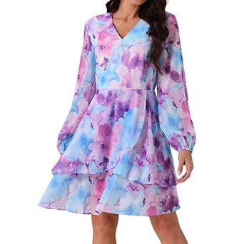 Women's V Neck Floral Dress Long Sleeve High Waist Chiffon Ruffle Swing Skater Mini Dress