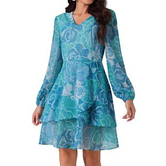 Women's V Neck Floral Dress Long Sleeve High Waist Chiffon Ruffle Swing Skater Mini Dress
