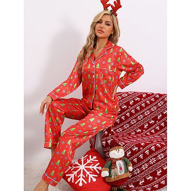 Satin Long Sleeve Button Down Pjs Tree Print Festival Party Sleepwear Pajamas Sets
