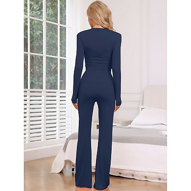 Women's Lounge Sets Long Sleeve Crop Top Foldover Flare Pants Pajama 2 Piece Outfits