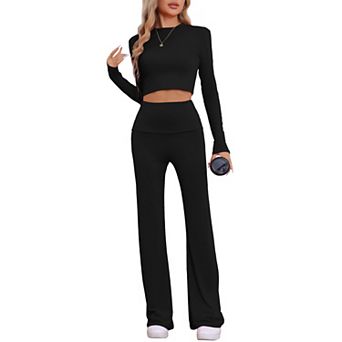 Women's Lounge Sets Long Sleeve Crop Top Foldover Flare Pants Pajama 2 pc Outfits