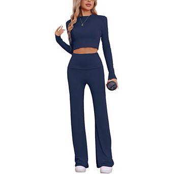 Women's Lounge Sets Long Sleeve Crop Top Foldover Flare Pants Pajama 2 pc Outfits