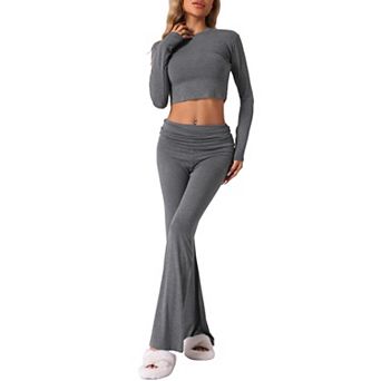 Women's Lounge Sets Long Sleeve Crop Top Foldover Flare Pants Pajama 2 pc Outfits