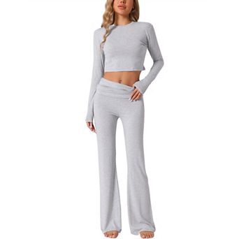 Women's Lounge Sets Long Sleeve Crop Top Foldover Flare Pants Pajama 2 pc Outfits