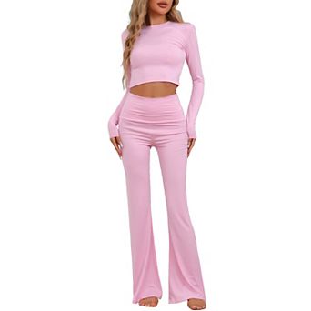 Women's Lounge Sets Long Sleeve Crop Top Foldover Flare Pants Pajama 2 pc Outfits