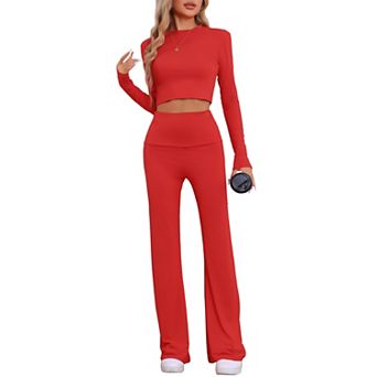 Women's Lounge Sets Long Sleeve Crop Top Foldover Flare Pants Pajama 2 pc Outfits
