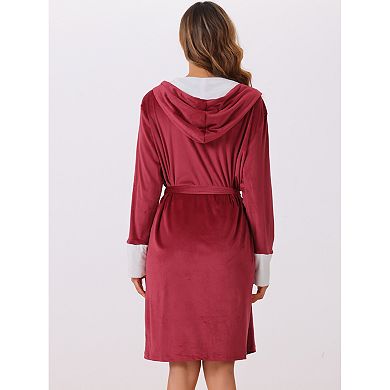 Womens Fluffy Hooded Bathrobe Plush Long Spa Robe with Belt and Pockets