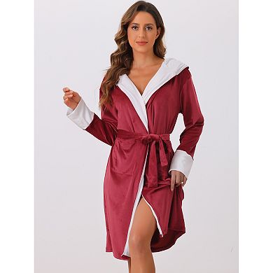 Womens Fluffy Hooded Bathrobe Plush Long Spa Robe with Belt and Pockets