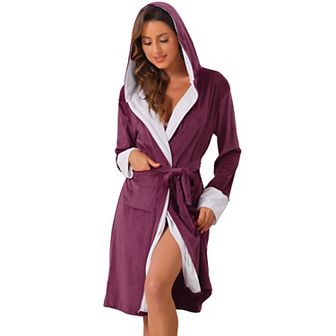 Womens Fluffy Hooded Bathrobe Plush Long Spa Robe with Belt and Pockets