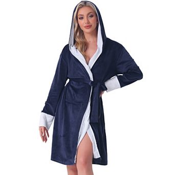 Womens Fluffy Hooded Bathrobe Plush Long Spa Robe with Belt and Pockets