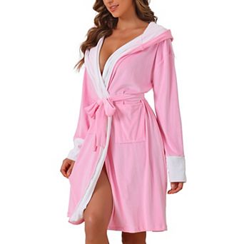 Womens Fluffy Hooded Bathrobe Plush Long Spa Robe with Belt and Pockets