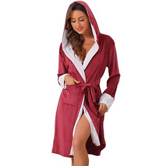 Womens Fluffy Hooded Bathrobe Plush Long Spa Robe with Belt and Pockets