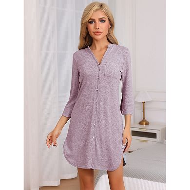 Women's Long Sleeve Nightshirt Button Down Nightgown Knit Strechy Soft Sleep Dress