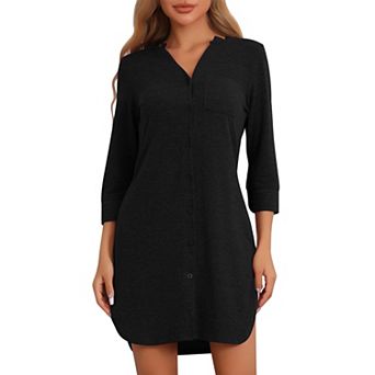 Women's Long Sleeve Nightshirt Button Down Nightgown Knit Strechy Soft Sleep Dress