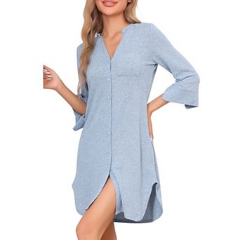 Women's Long Sleeve Nightshirt Button Down Nightgown Knit Strechy Soft Sleep Dress