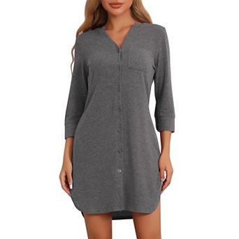 Women's Long Sleeve Nightshirt Button Down Nightgown Knit Strechy Soft Sleep Dress