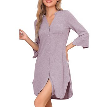 Women's Long Sleeve Nightshirt Button Down Nightgown Knit Strechy Soft Sleep Dress