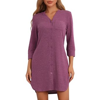 Women's Long Sleeve Nightshirt Button Down Nightgown Knit Strechy Soft Sleep Dress