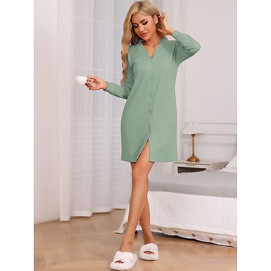 Women's Waffle Knit Nightshirt Long Sleeve Sleepshirts with Pockets Button Downs Nightgowns