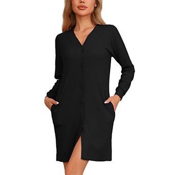 Women's Waffle Knit Nightshirt Long Sleeve Sleepshirts with Pockets Button Downs Nightgowns