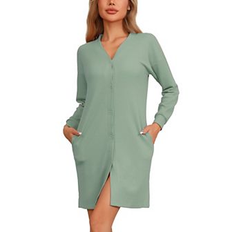 Women's Waffle Knit Nightshirt Long Sleeve Sleepshirts with Pockets Button Downs Nightgowns