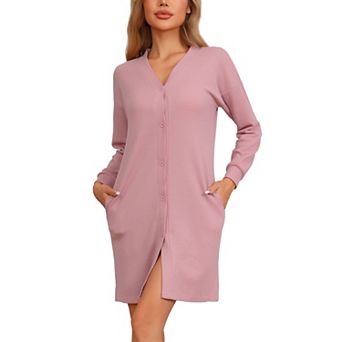 Women's Waffle Knit Nightshirt Long Sleeve Sleepshirts with Pockets Button Downs Nightgowns