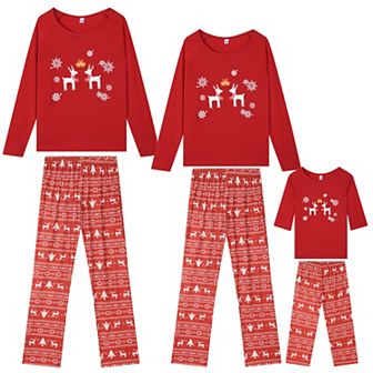 Christmas Matching Deer Print Long Sleeve Top Cute Print Pants Red Pajama Set
