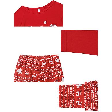 Christmas Matching Deer Print Long Sleeve Top Cute Print Pants Red Pajama Set