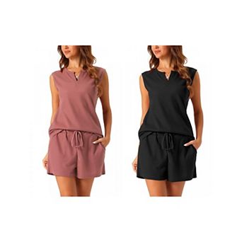 2 Set of Womens Waffle Knit Pajama Sets Tank Top and Shorts Loose Lounge Set