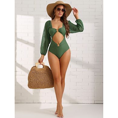 Women's Cut Out Ring Plunge Neck Shirred Bikini, One Piece Mesh Tummy Control Swimsuit Bathing Suit