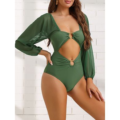 Women's Cut Out Ring Plunge Neck Shirred Bikini, One Piece Mesh Tummy Control Swimsuit Bathing Suit