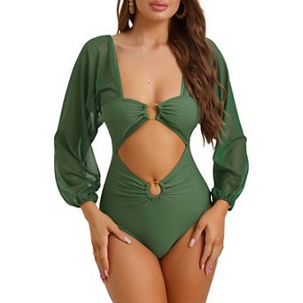 Women's Cut Out Ring Plunge Neck Shirred Bikini, One Piece Mesh Tummy Control Swimsuit Bathing Suit