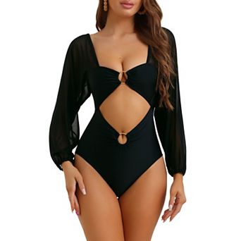 Women's Cut Out Ring Plunge Neck Shirred Bikini, One Piece Mesh Tummy Control Swimsuit Bathing Suit