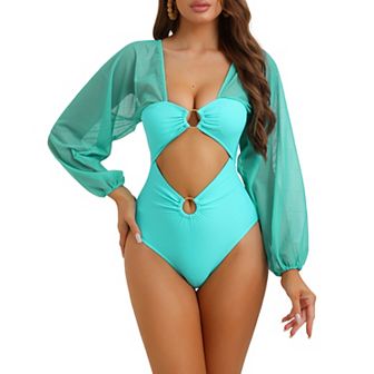 Women's Cut Out Ring Plunge Neck Shirred Bikini, One Piece Mesh Tummy Control Swimsuit Bathing Suit
