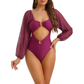 Women's Cut Out Ring Plunge Neck Shirred Bikini, One Piece Mesh Tummy Control Swimsuit Bathing Suit