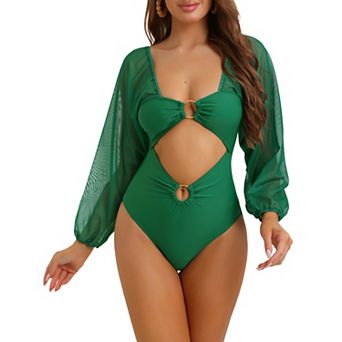 Women's Cut Out Ring Plunge Neck Shirred Bikini, One Piece Mesh Tummy Control Swimsuit Bathing Suit