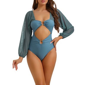 Women's Cut Out Ring Plunge Neck Shirred Bikini, One Piece Mesh Tummy Control Swimsuit Bathing Suit