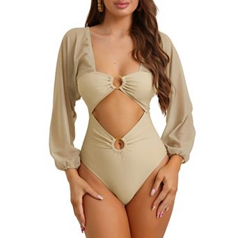 Women's Cut Out Ring Plunge Neck Shirred Bikini, One Piece Mesh Tummy Control Swimsuit Bathing Suit